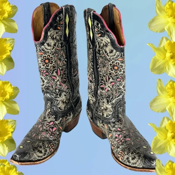 Johnny Ringo Cowboy Boots Genuine Leather Floral Overlay Black Pink Lime Yellow - Picture 11 of 12
